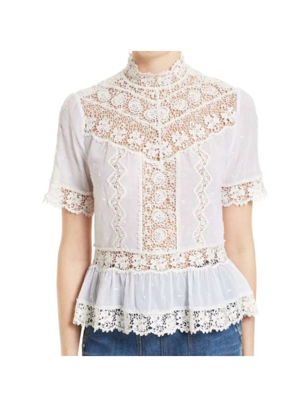 REBECCA TAYLOR CROCHET LACE EYELET PEPLUM TOP MOCK NECK COQUETTE GIRL size 4